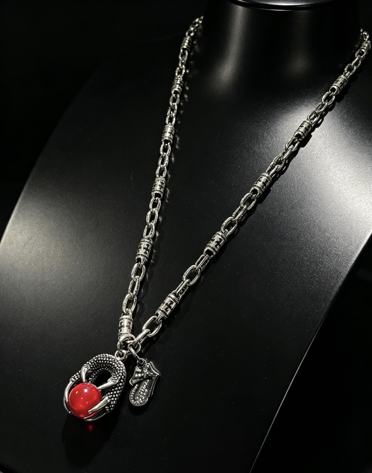 Chrome Hearts Silver Dragon Claw Necklace with Red Gemstone